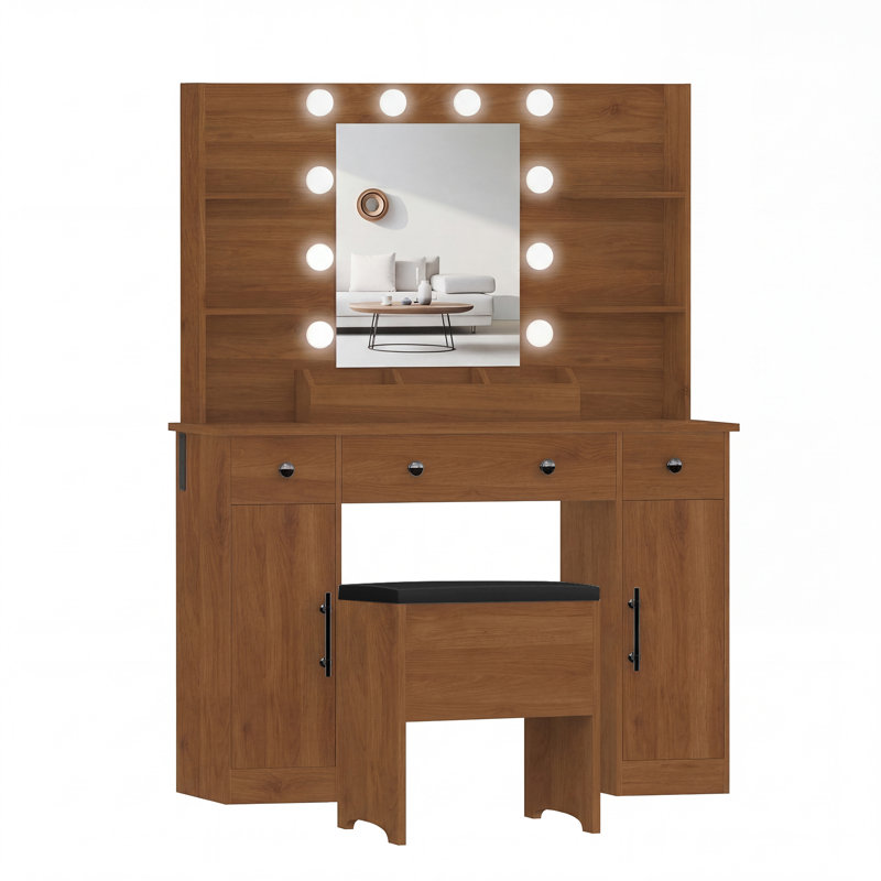 Guram Vanity Set Modern LED Makeup Desk with Mirror, Ten Light Bulbs & Desktop Dazzle Light Adjustable Brightness, 7 Drawers & Stool, Usb Power Outlet