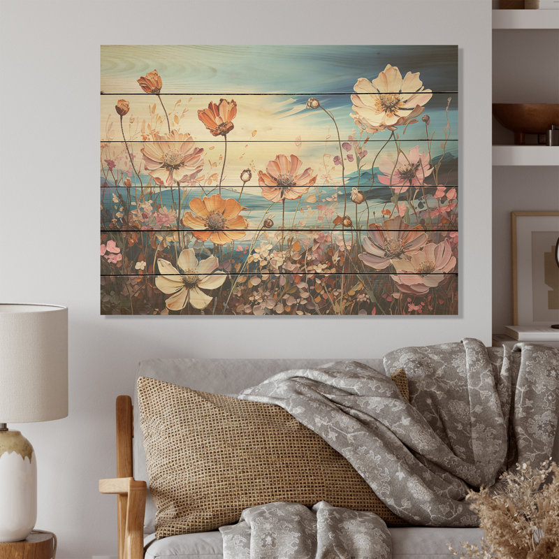 Plantes roses, art liquide, champ de fleurs - champ de fleurs, art mural sur bois de pin naturel, H 10 po x l 20 po