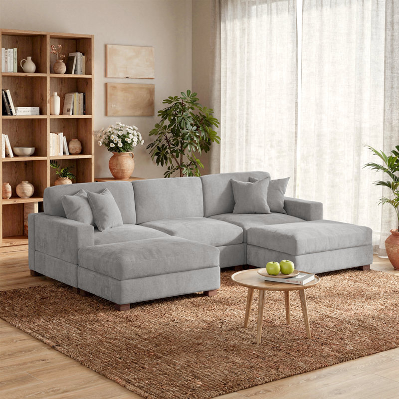 Canapé modulaire rembourré en chenille 5 pièces avec coussins décoratifs et repose-pieds amovibles 5 pièces, Gris chenille