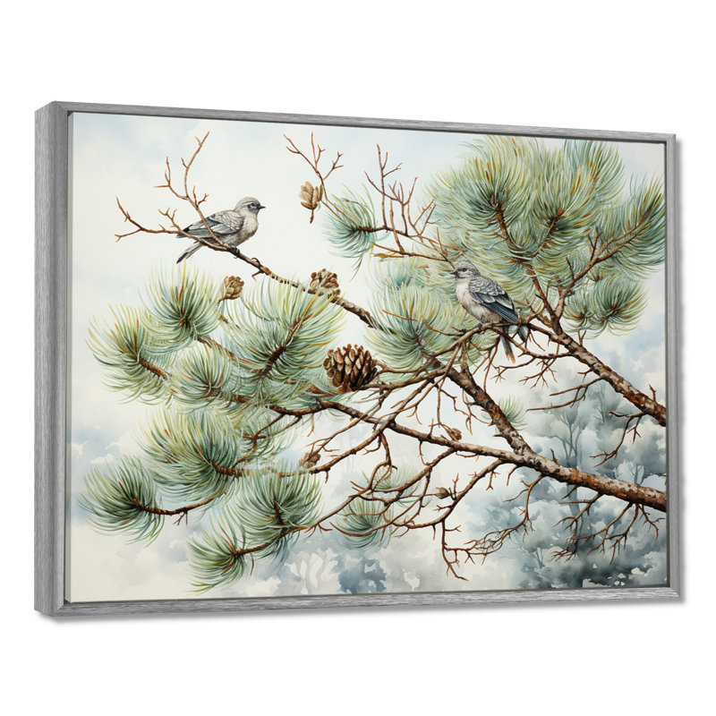 Oiseau sur pin I - Art mural pin, H 24 po x l 32 po x P 1 po, Encadrement argenté