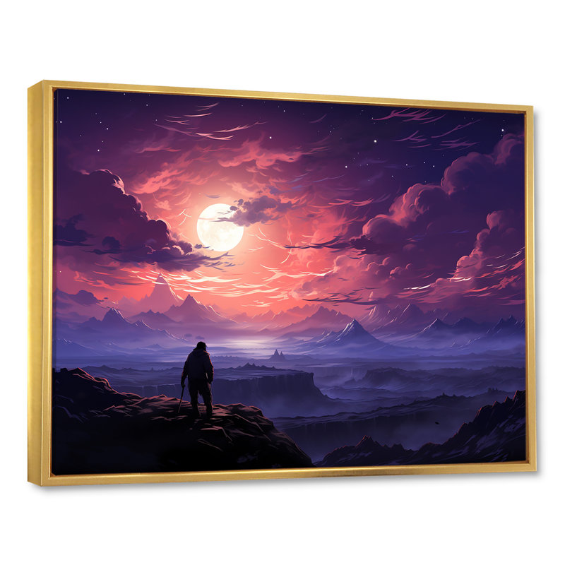 Mauve et rose désert Wanderer au coucher du soleil - désert, art mural, Cadre flottant doré, H 34 po x l 44 po x P 1,5 po