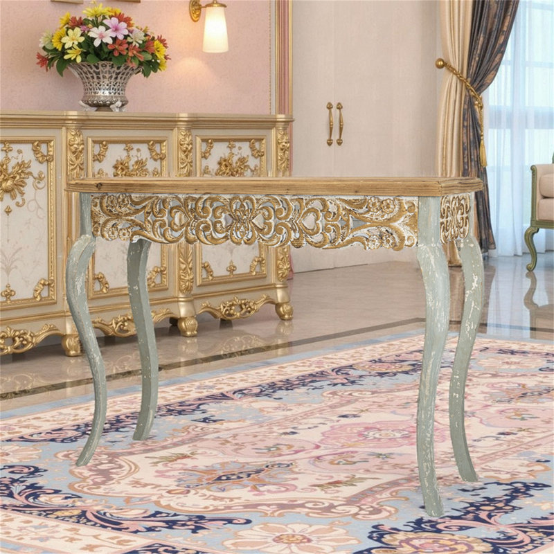 Vintage Rustic Wooden Console Table With Carved Details, 49.21" Long, Distressed Finish