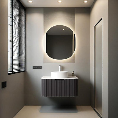Meuble-lavabo flottant mural moderne de 30 po avec lavabo, meuble-lavabo rayé à bords arrondis avec tiroir, lavabo rond en céramique blanc sans robinet, pré-assemblé, bois naturel