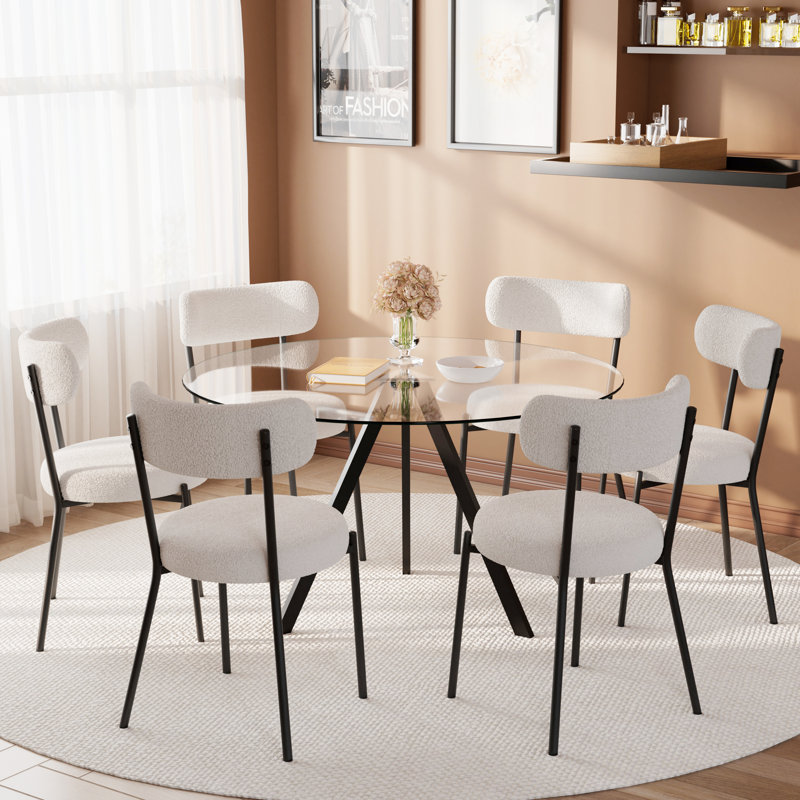 Glass Top Dining Table Set for 4 with Teddy Chairs, 29.5" H x 47" W x 47" D, 7 Pieces: Table, 6 Chairs, White