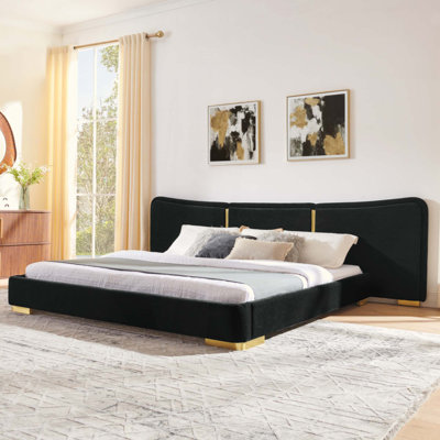 Extra Large Platform Bed, Soft Chenille Fabric Frame, Curved Headboard, Reinforced Electroplated Metal Legs, Flexible DIY Side Space Design