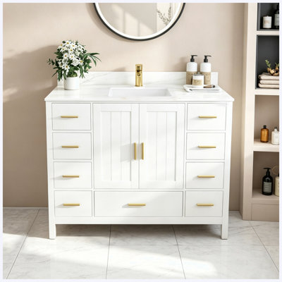 Meuble-lavabo moderne 42 po en bois massif blanc avec lavabo, comptoir en pierre frittée blanc Carrara avec 1 trou de robinet, 2 portes doubles à fermeture douce et 9 tiroirs