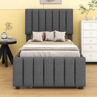 Lit plateforme tapissier simple (tissu en lin) - Lit gigogne et 3 tiroirs