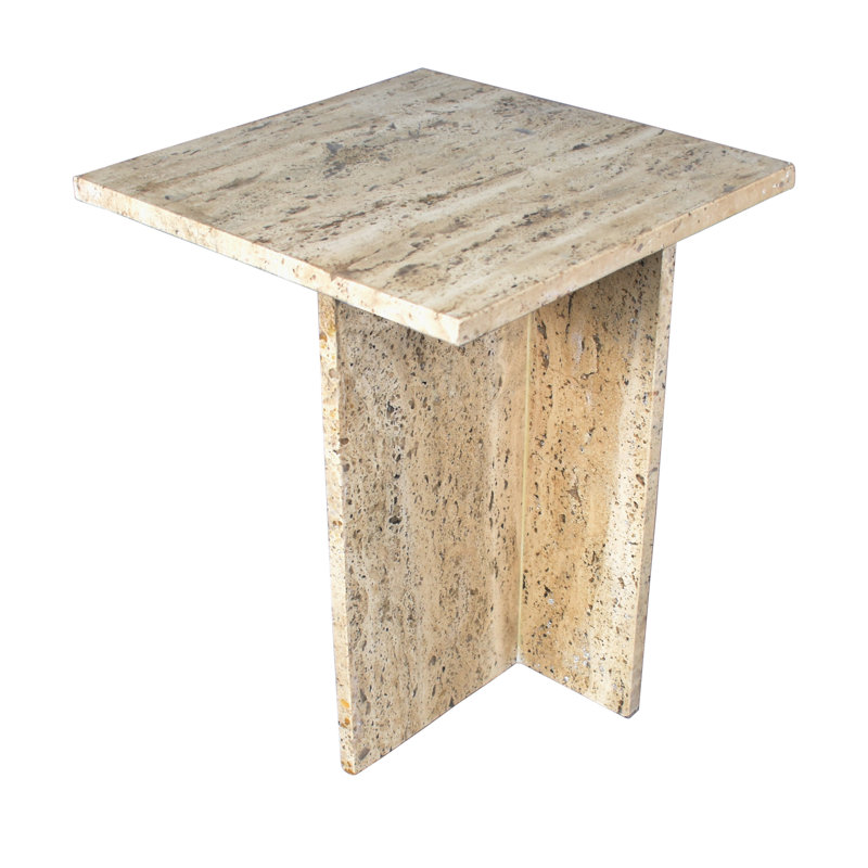 Cecil Modern 18.5" Square Natural Marble End Table with Cross Base, Glossy Travertine Solid Stone Accent Side Table for Living Room
