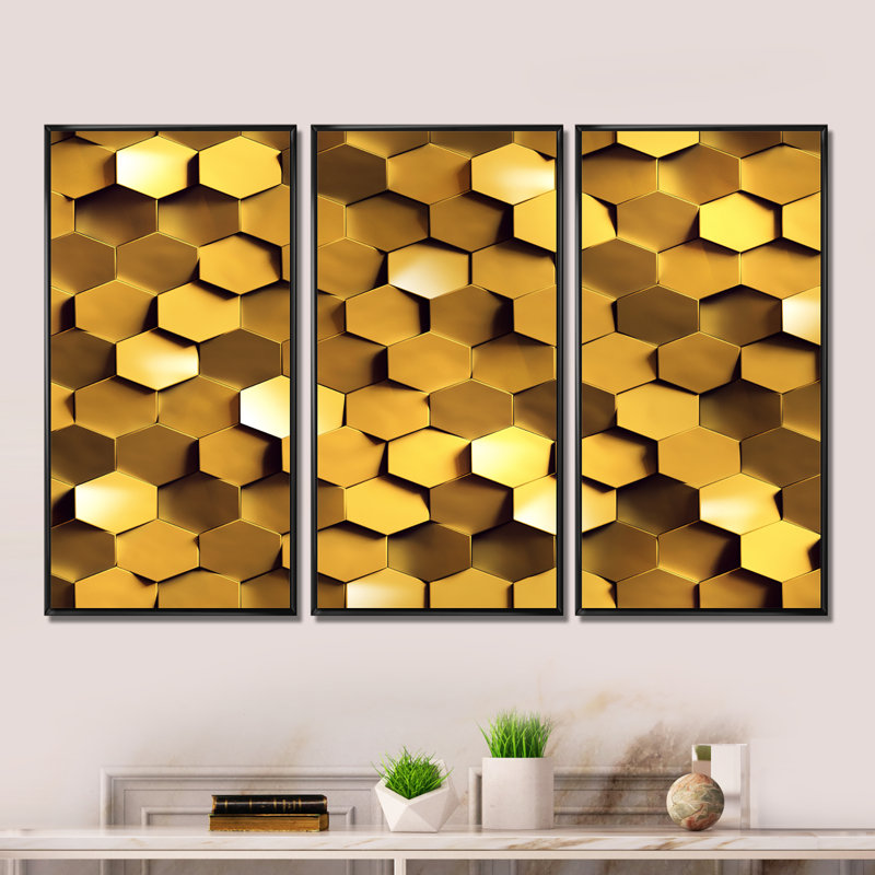 " Golden Honeycomb Wall Texture " 3 - Pieces Painting Print, Black Framed, 36" W x 28" H