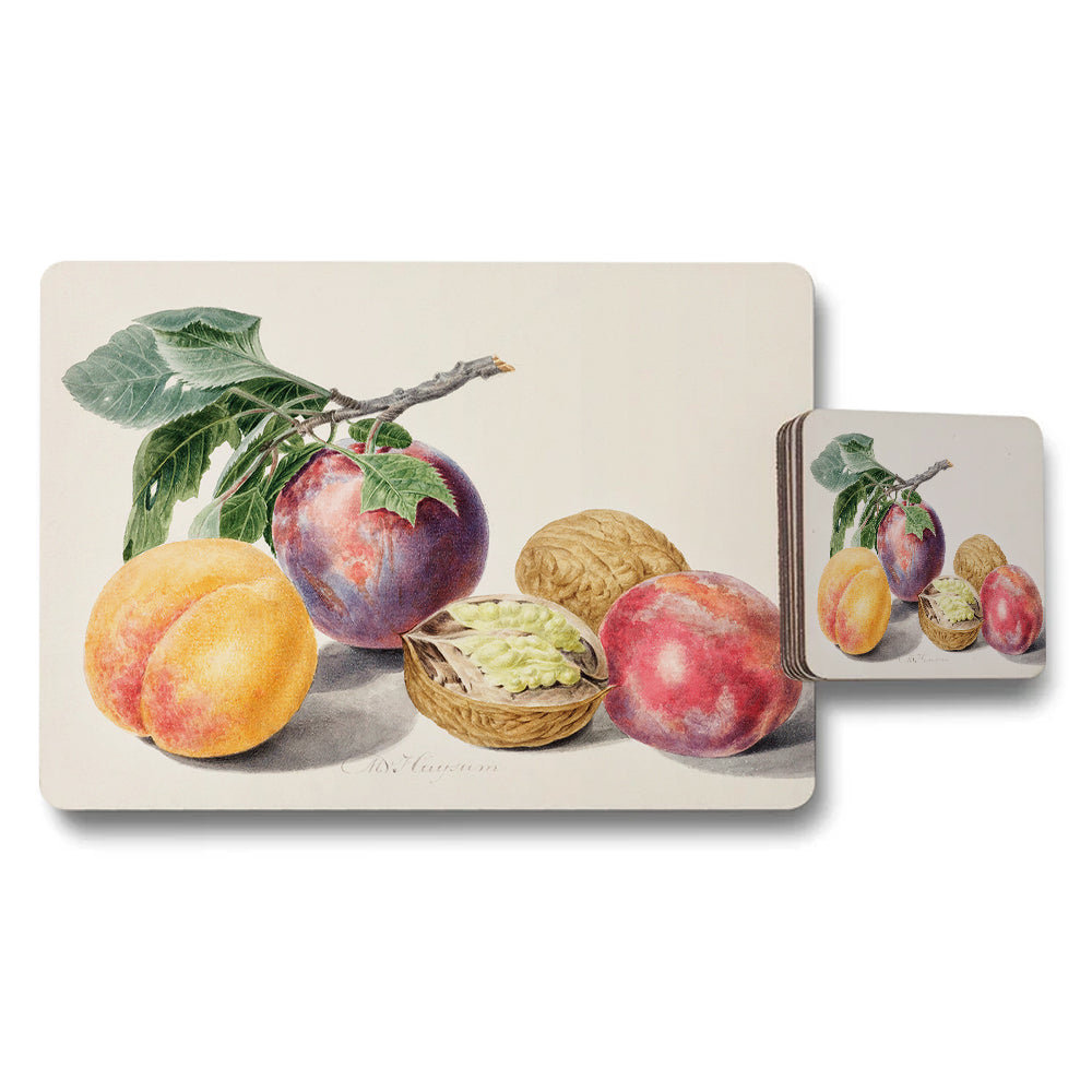 Fruit Still Life Placemat and Coaster Set with Peaches and Plums