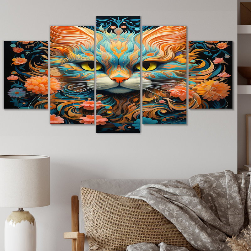 Chat magique avec ambre et sarcelle avec fleurs - décoration murale chat animaux - 5 panneaux