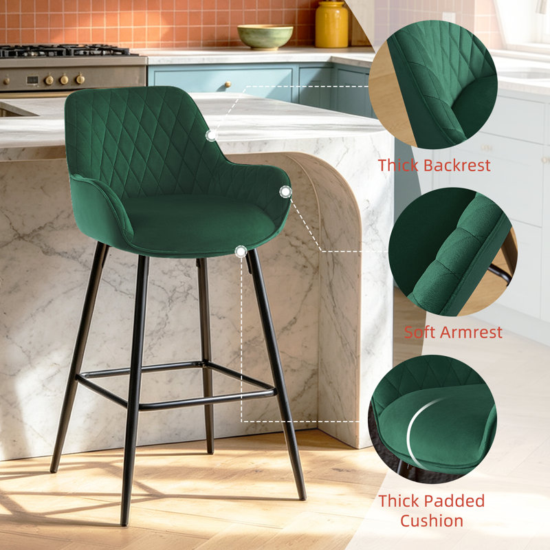 Modern Velvet/Suede Upholstered Bar Stool with Diamond Tufted Back, Counter Height Chair with Black Metal Legs, Green Velvet