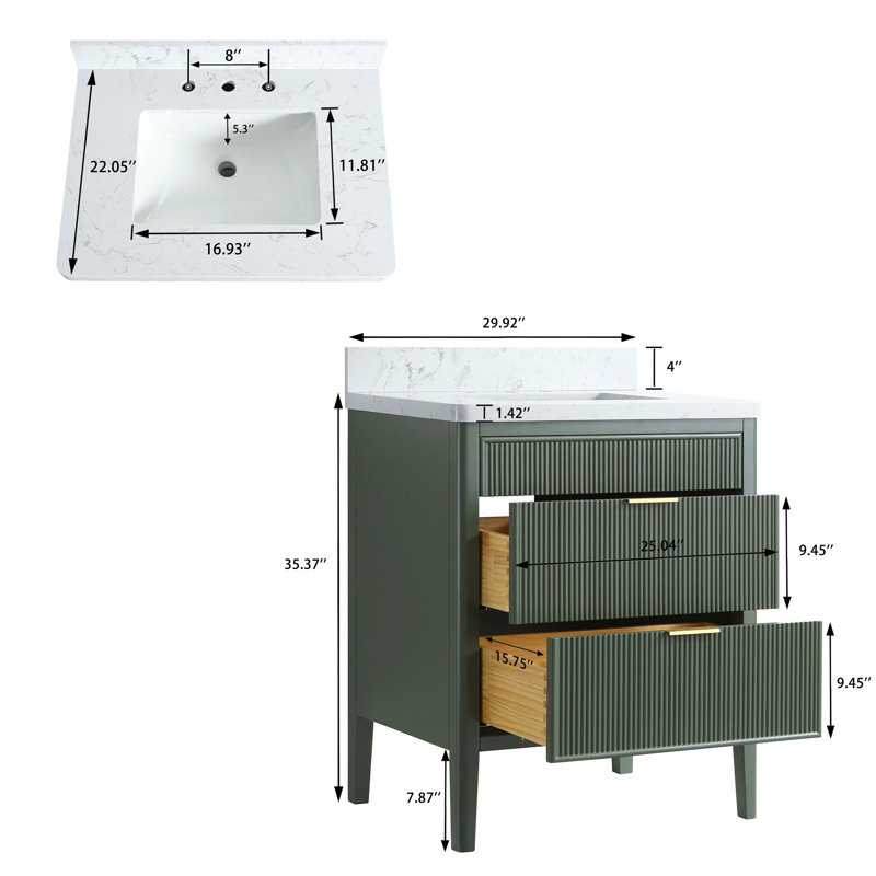 Meuble-lavabo autoportant de 30 po entièrement assemblé avec structure en bois massif et plateau en marbre d'ingénierie, Vert