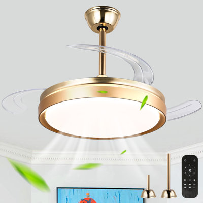 42 Inch Retractable Ceiling Fan With Lights, Modern Silent DC Motor 6 Speeds Chandelier Ceiling Fan For Bedroom