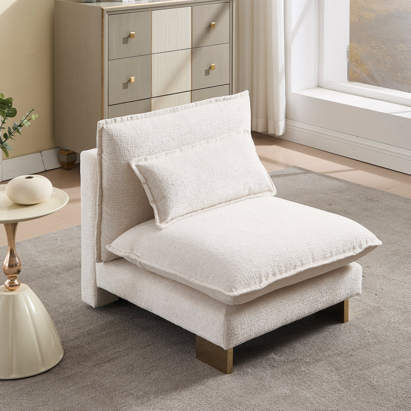 Stylish Upholstered Armless Lounge Chair, Single Sofa With Cushions, Combinable Single Sofa Module, Beige Chenille