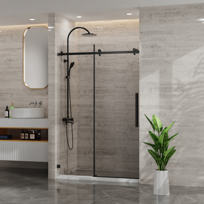 44-48" W X 72" H Sliding Shower Door, Frameless Sleek Glass Shower Door, 1/4" (6mm) Thick Tempered Clear Glass With Easy-clean Coating, Stainless Steel Hardware, Matte Black