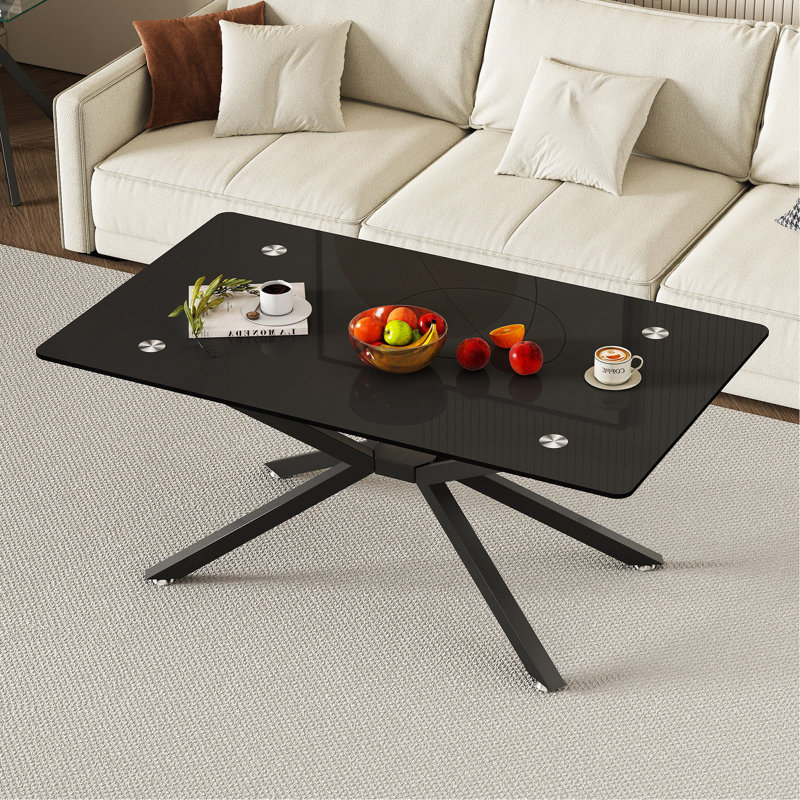 Table basse de 39,37 po rectangulaire en verre noir, design élégant avec pieds en métal noir, table basse pour le salon