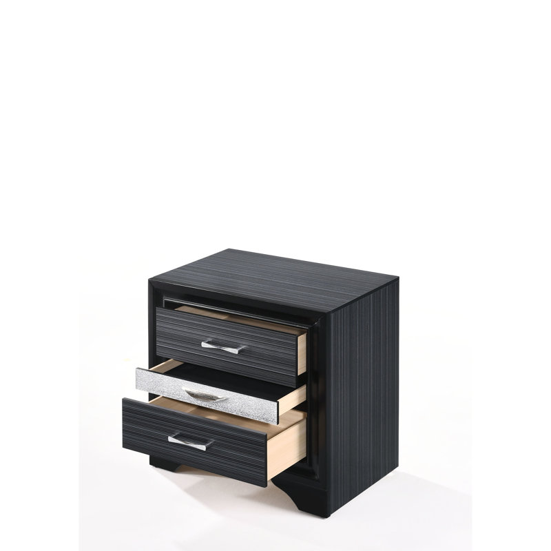 Chic Black Finish Nightstand With Two Functional Internal Storage Drawers And A Jewellery Area Smooth-Gliding Convenient Box