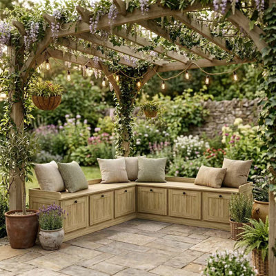 Banc de rangement d'angle pour le patio avec 2 casiers rabattables