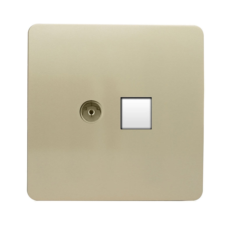 Trendi Switch 2 Gang Female TV Co-Axial & Telephone Sockets, Champagne Gold