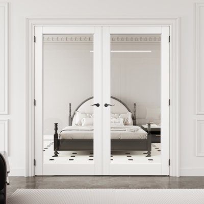 72" x 80" 1-Lite Clear Glass Interior French Door with Black Hardware & Latch & Door Lever, Tempered Glass Door Slab with Safety, Paintable & Waterproof, Suit for Laundry, Closet Doors, Room Doors, Assembly Required