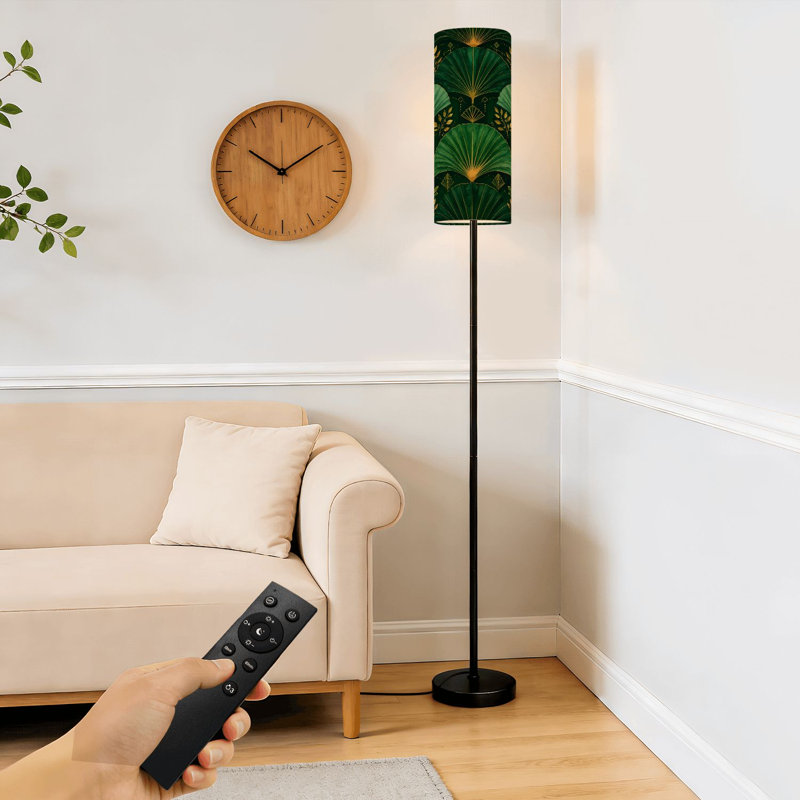 68.5" Standing Floor Lamp Seamless golden elements deep green Fabric print Art deco style Dimmable Metal Pole Lamp with Linen Lampshade LED Bulb Included