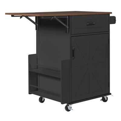Astra Farmhouse Kitchen Island Cart with Drop Leaf, Storage Cabinet, Open Side Rack and Rolling Wheels