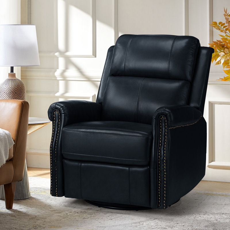 Inglenook 32" Wide Genuine Leather Power Swivel Standard Recliner, Navy