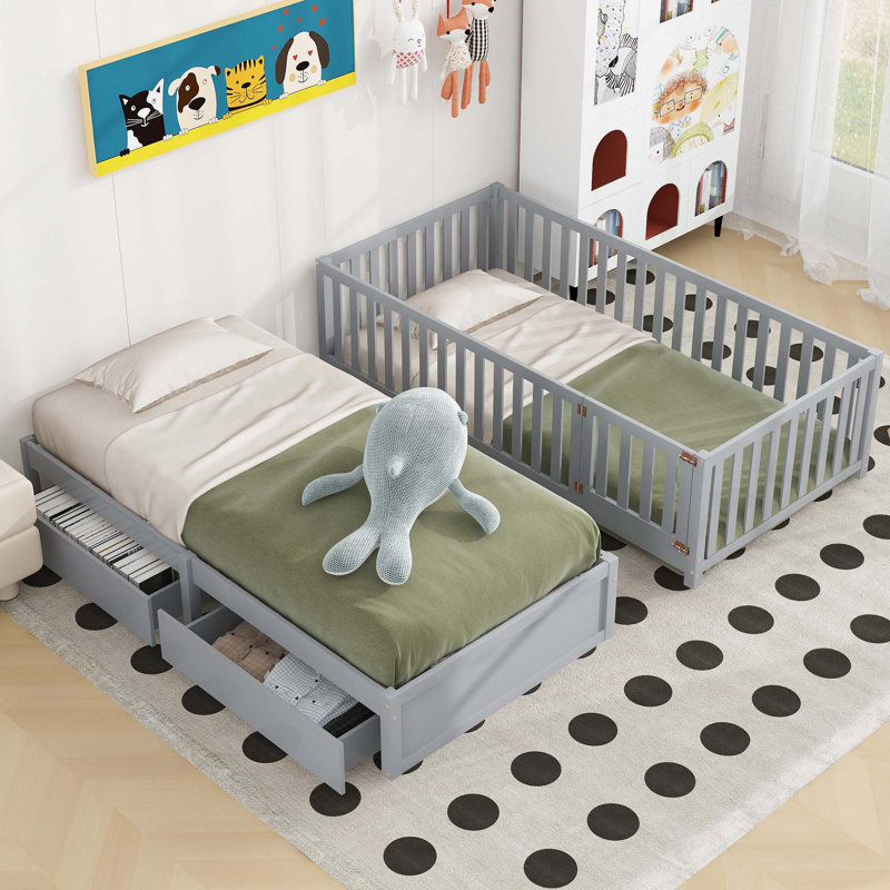 Daybed with Fence Guardrails and 2 Drawers, Twin, Grey