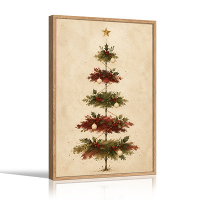 Tree With Red Green Brushstrokes And Gold Star Christmas Canvas Wall Art