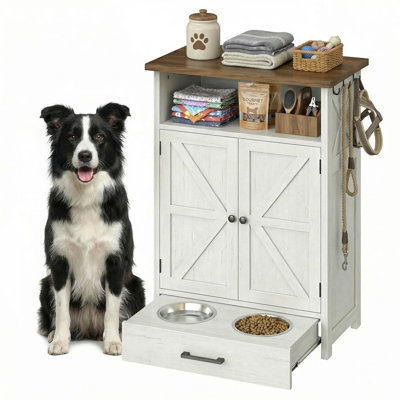 Station d'alimentation pour chiens avec meuble de rangement, 2 bols surélevés avec tiroir dissimulé, station d'alimentation pour animaux avec rangement, armoire de rangement pour croquettes avec 3 crochets latéraux, station de rangement pour animaux