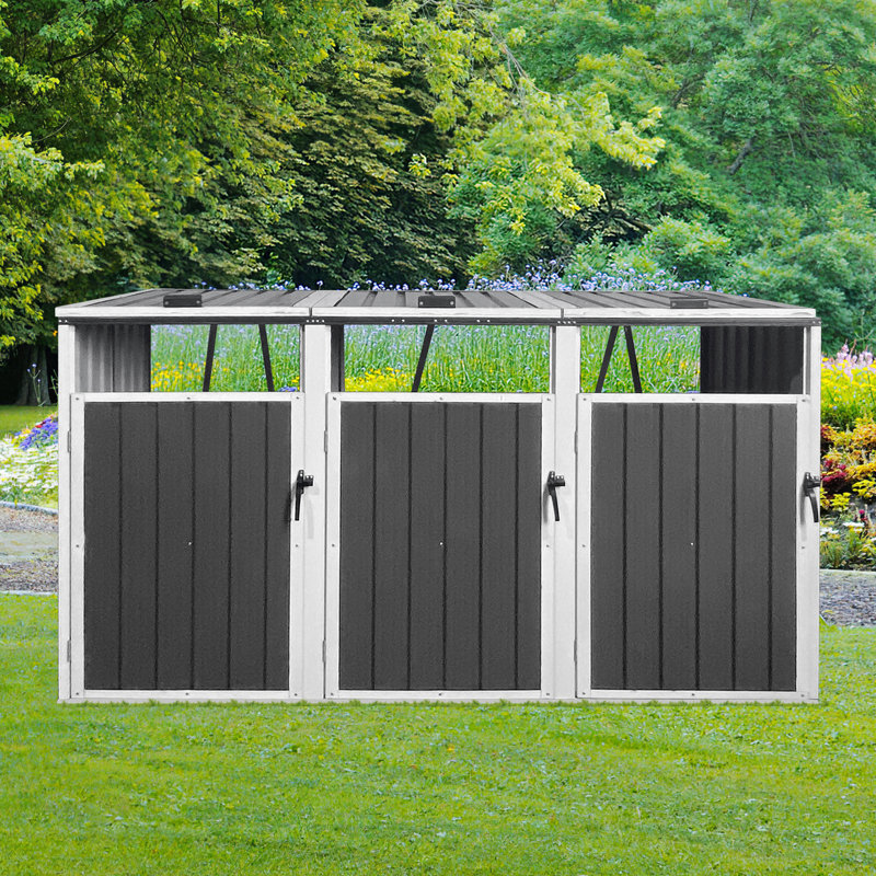 Garbage Bin Shed Stores 3 Trash Cans Metal Outdoor Bin Shed For Garbage Storage, 47.73" H x 87.42" W x 32.22" D, White/Gray