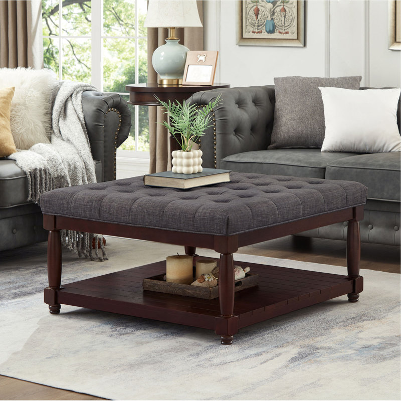 Grande table basse carrée avec repose-pieds en lin capitonné et grand repose-pieds avec tablette en bois massif, Gris foncé