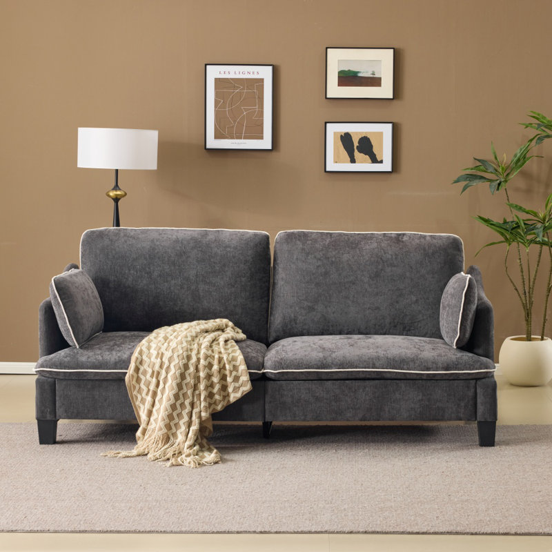 83.86"W Linen Blend Piped T-Cushions 2-Seat Loveseat Sofa , Gray