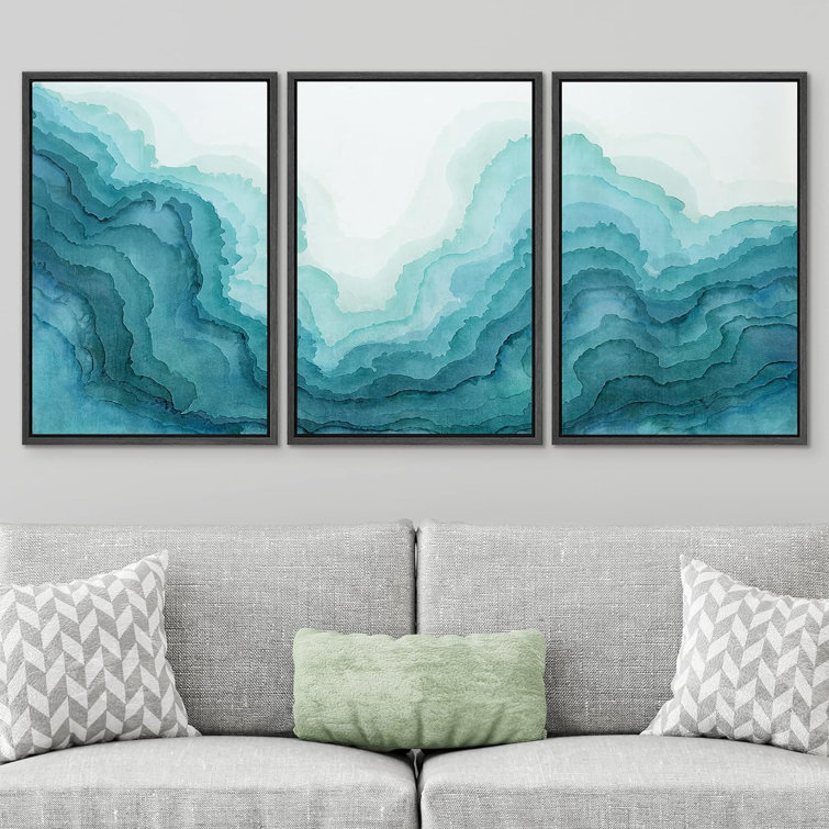 Smoke Effect Framed Canvas Print Wall Art Set Vibrant Teal Geometric Smoke Wave Abstract Shapes Illustrations Modern Art Decorative Nordic Zen Chic For Living Room, Bedroom, Office Framed On Canvas 3 Pieces Print