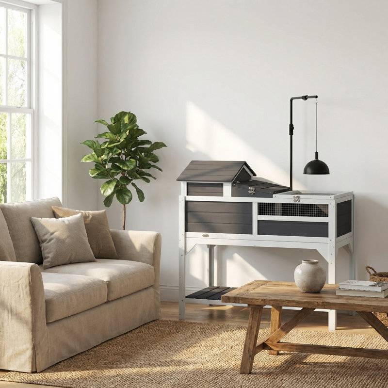 Enceinte de tortue à deux niveaux Grey Pawhut avec lampe réglable, tablette de rangement, maison amovible et plateau étanche, L 40,2 po x l 22 po x H 40,9 po