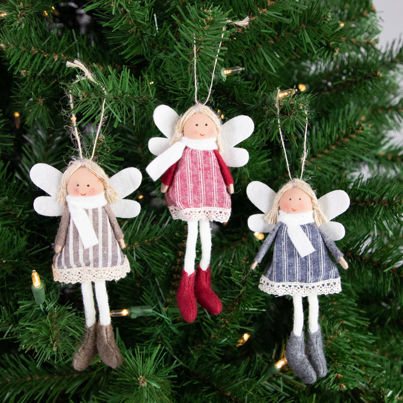 Set of 3 Hanging Angel Doll Christmas Ornaments with Striped Dresses
