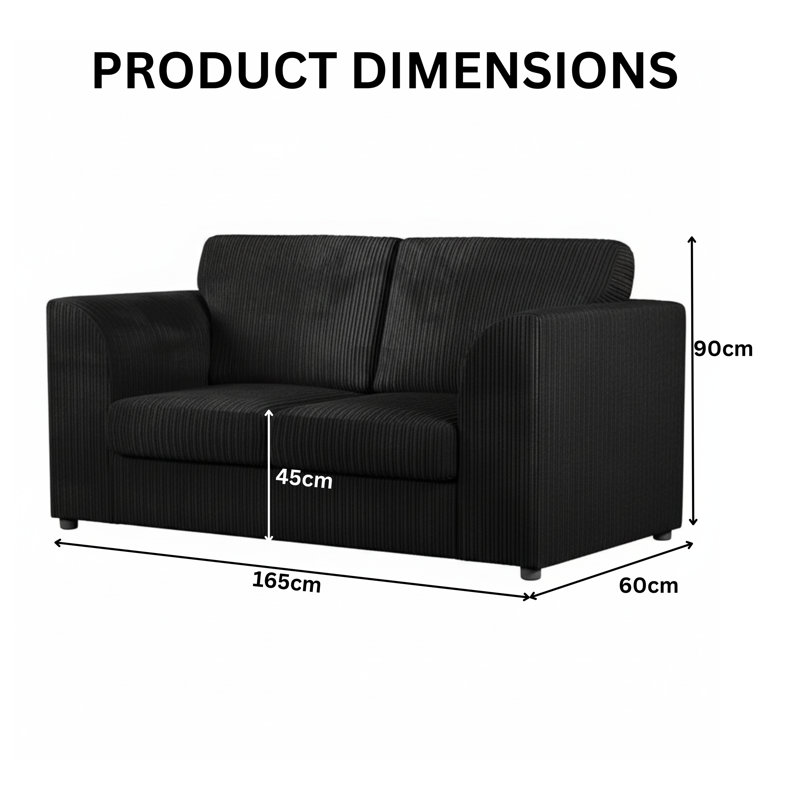 Corduroy Sofa, Black, 75cm H x 165cm W x 90cm D