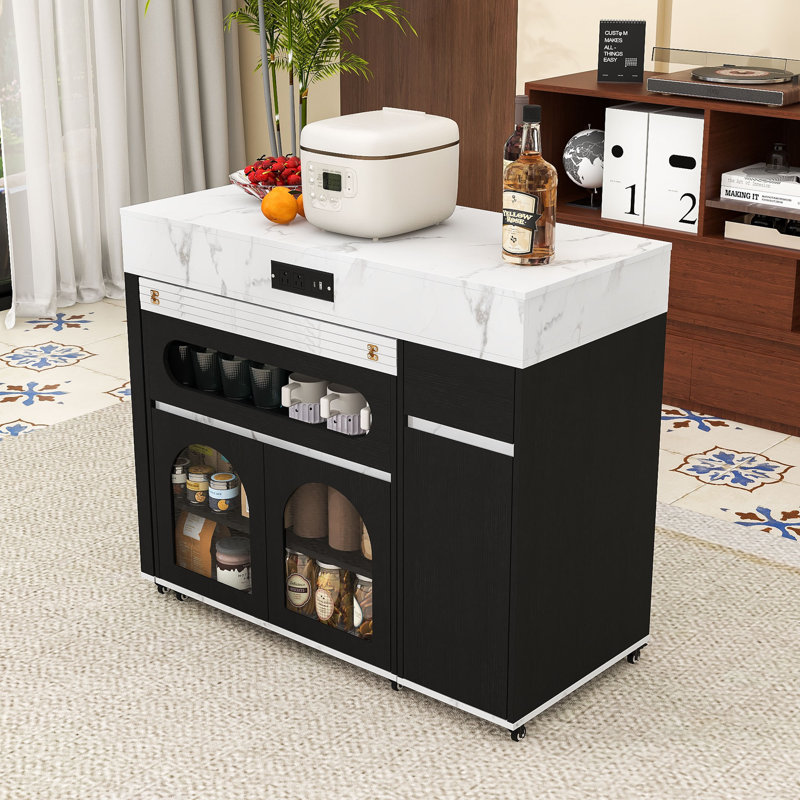 Rolling Kitchen Island with Fold-Out Dining Table, Storage Cabinet and Built-In Power Outlet, Black, White/Marble