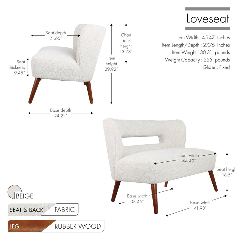 Ashyia 45.47'' Loveseat with Rubberwood Legs, Beige Polyester Blend