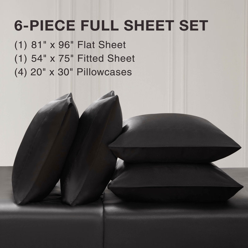 BCBG Satin Sheet Sets with Extra Pillowcases, Full, Black