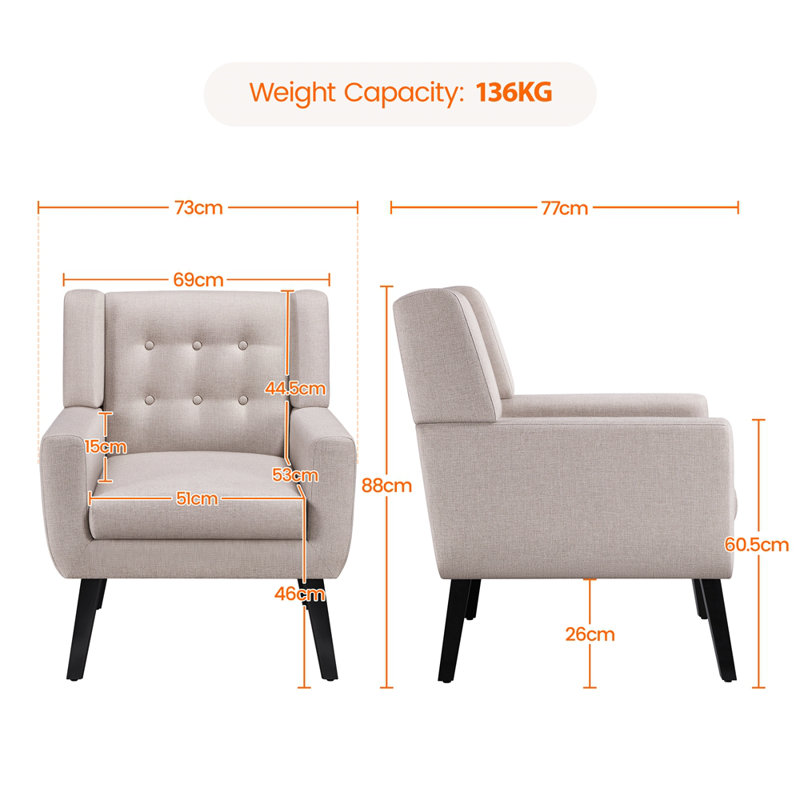 73cm Wide Tufted Polyester Armchair with Solid Wood Legs, Beige