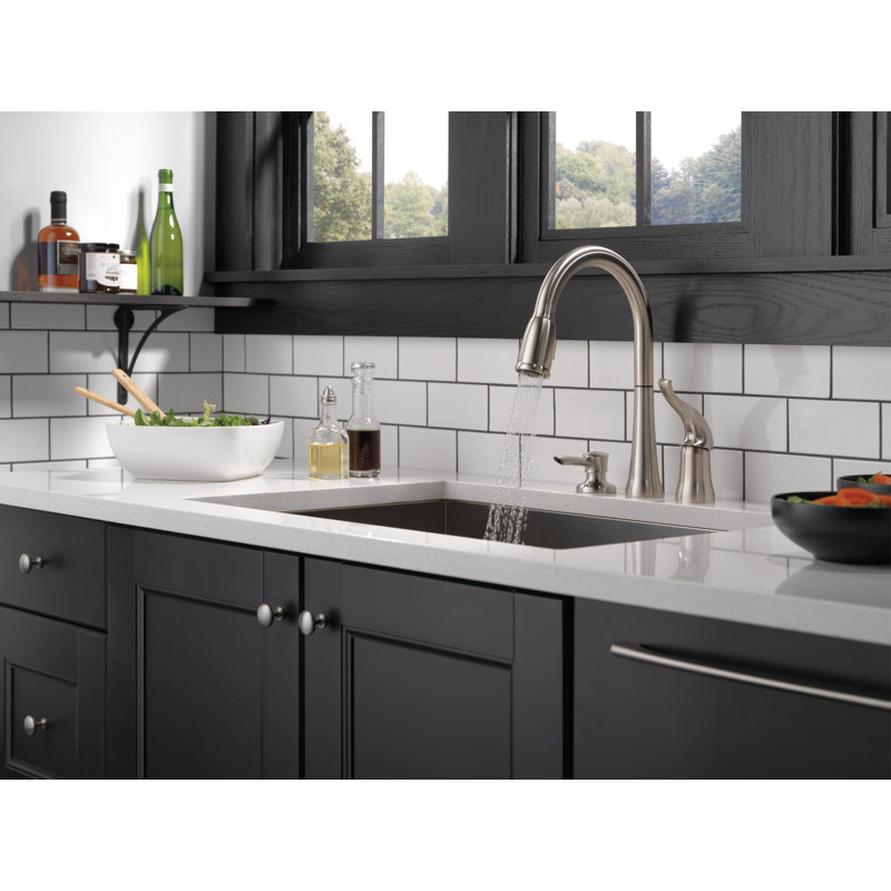 Kate Brushed Nickel Kitchen Faucet with Pull Down Sprayer and Soap Disperser, Modern Two Hole Kitchen Sink Faucet, Single Handle, Stainless