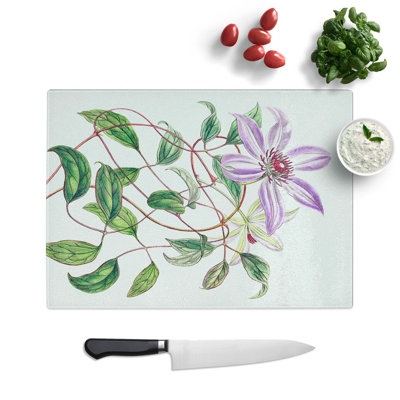 Tempered Glass Violet Clematis Flowers Chopping Board