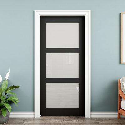 Porte intérieure à 3 poches en verre givré noir 36 po x 80 po, dalle d'intimité en verre, porte insonorisée et imperméable