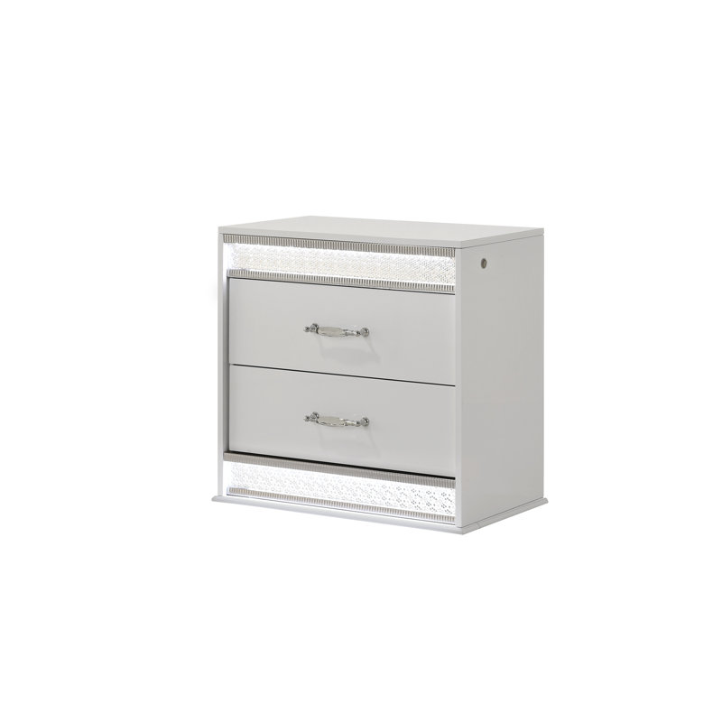 Table de chevet moderne 2 tiroirs en blanc avec laque élégante et table de chevet glam