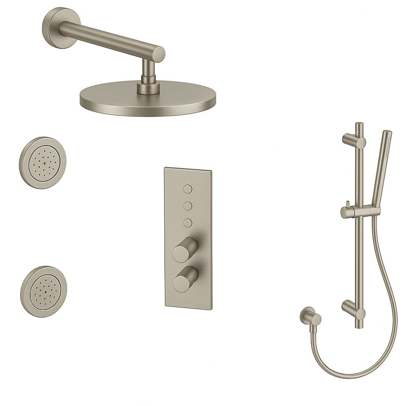 LineaBox Vertical Round 3-Way Diverter Shower System with 8-Inch Rain Shower Head, Two Body Sprays and Hand Shower with Slide Bar, Valve Included