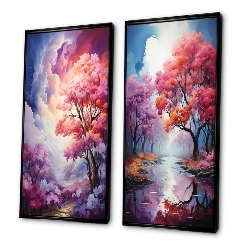 Mystic Forest Sunlight - ensemble d'art mural sur toile paysage 2 pièces, Cadre noir, H 40 po x l 41 po