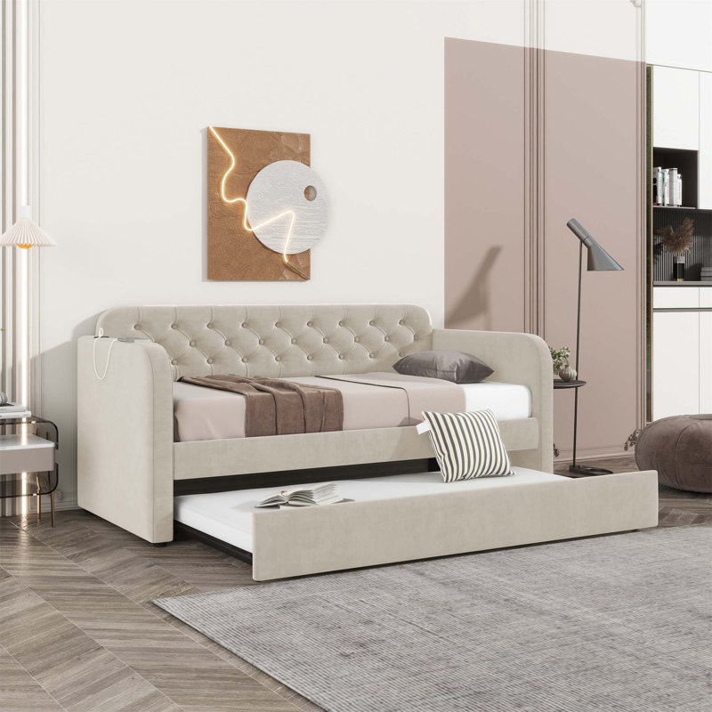 Upholstered Daybed With Trundle And USB Charging, Velvet Upholstered Frame For Living Room And Bedroom, No Box Spring Needed, Plush Velvet Fabric LIGHT