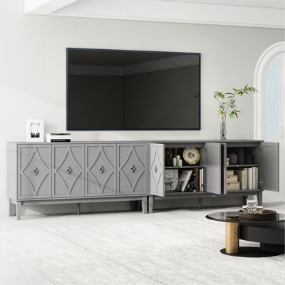 Armoire de rangement vintage à 4 portes avec portes géométriques sculptées à la main, tablettes réglables, pieds surélevés pour un nettoyage facile, armoire buffet pour le salon et la salle à manger